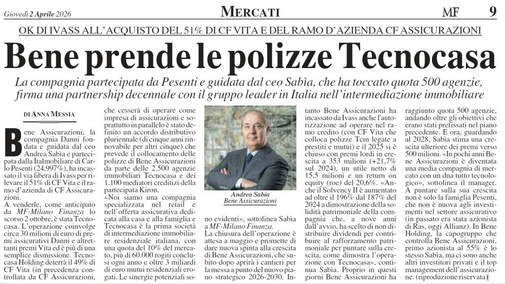 Bene Assicurazioni nell'articolo di Milano Finanza del 2 aprile 2026.